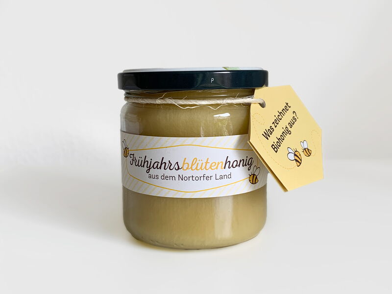 Honigglas mit Banderole, Aufkleber und Miniflyer für Gemüse Schmitz