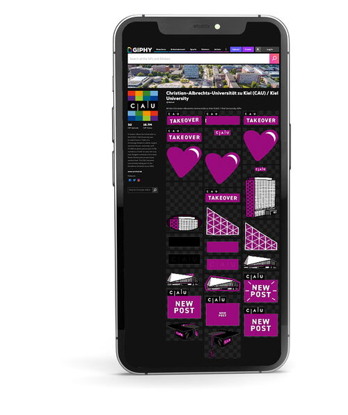 Ein smartphone auf dem der giphy-account der Uni Kiel zu sehen ist.