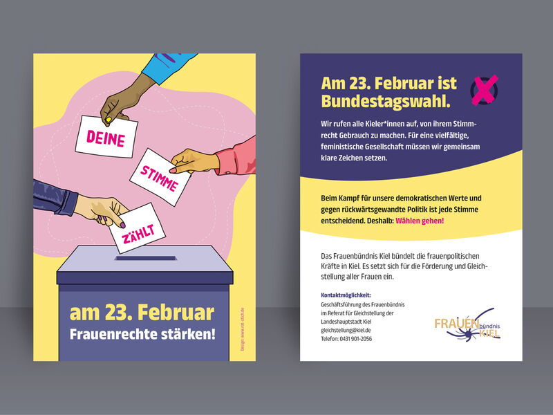 Vorder- und Rückseite eines Flyers auf grauem Hintergrund