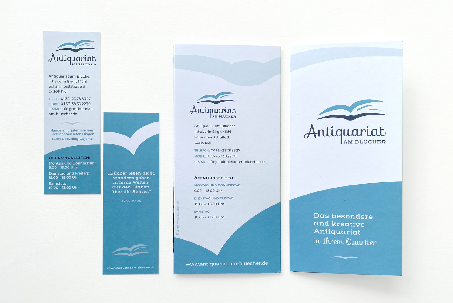 Lesezeichen und Flyer für das Antiquariat am Blücher.