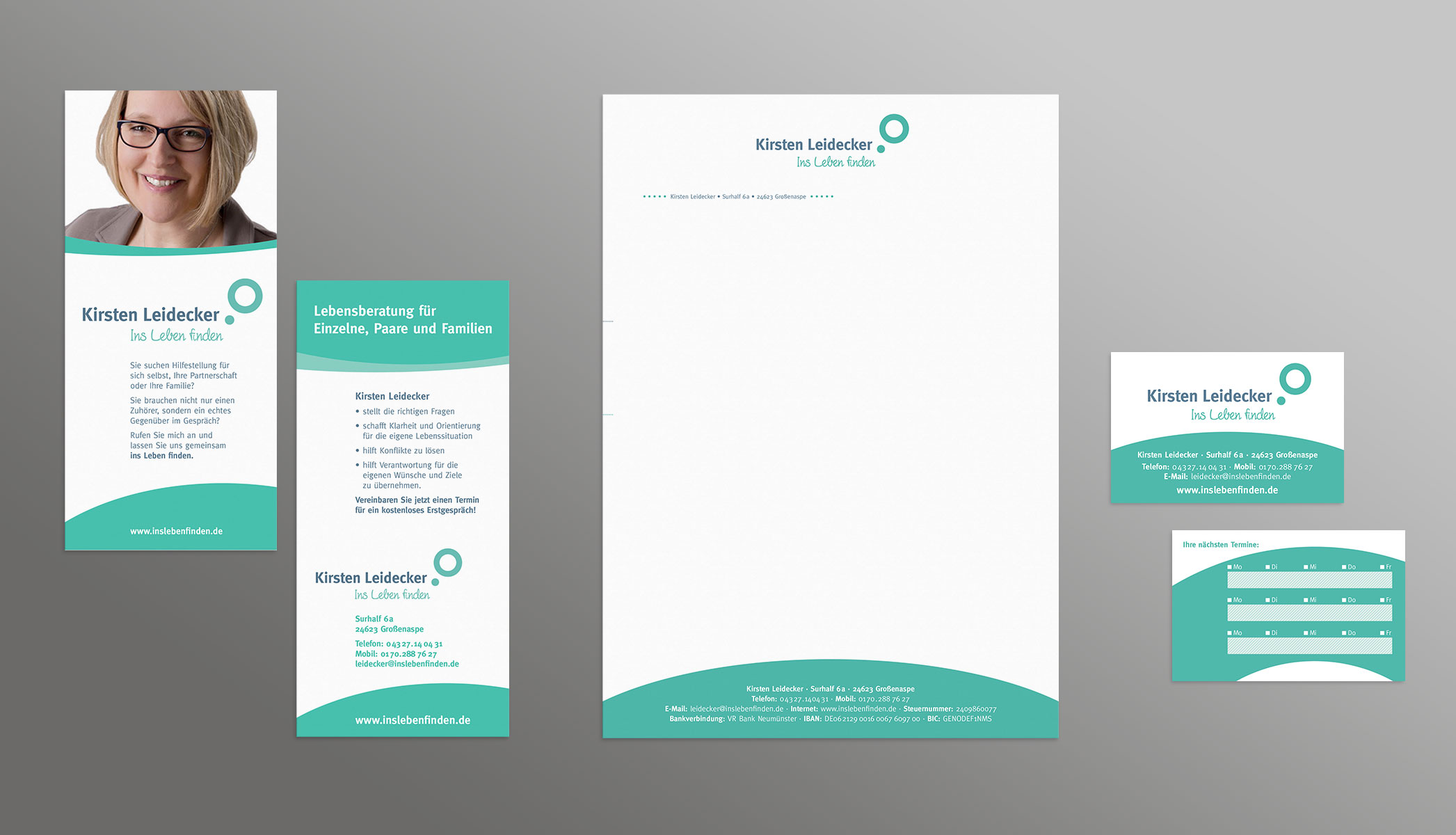 Flyer, Briefpapier und Visitenkarte für Kirsten Leidecker