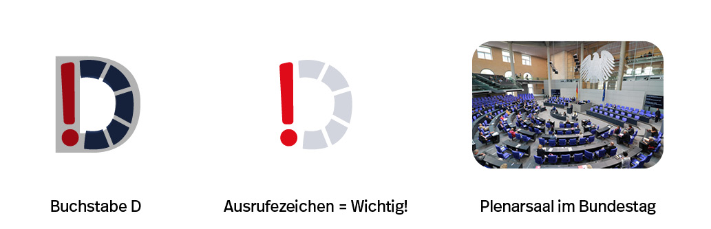 Das Logo zeigt den Buchstaben D, ein Ausrufezeichen und den Plenarsaal des Bundestages